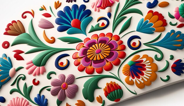 Padrão de flor mexicana em cores brilhantes em um pano de fundo branco Generative Ai