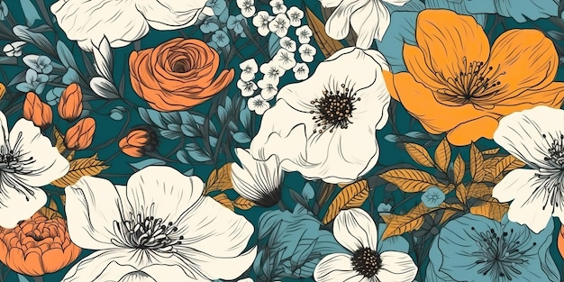 Padrão de flores desenhadas à mão retrô AI Generative Vintahe em arte gráfica estilo boho