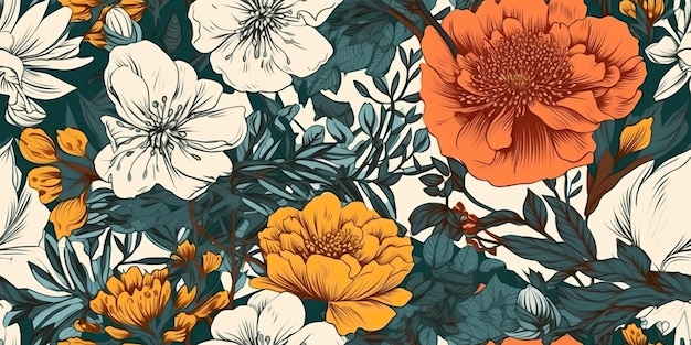 Padrão de flores desenhadas à mão retrô AI Generative Vintahe em arte gráfica estilo boho