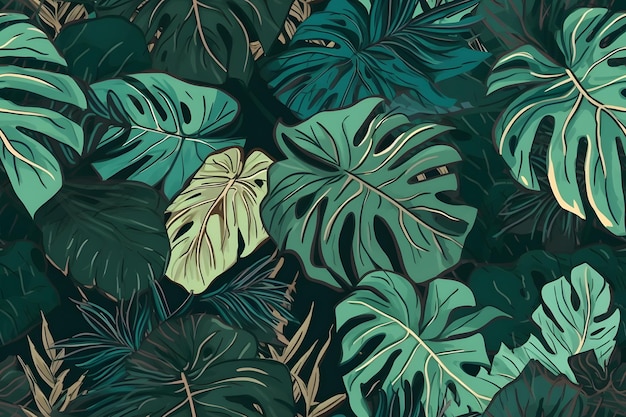 Padrão de folha tropical sem costura Ilustração botânica da moda Belo padrão de folha monstera elegante Para papel de tecido e outras necessidades de design Generative ai