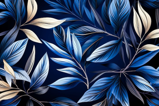 Padrão de folhas azuis e brancas em fundo preto com fundo azul IA geradora