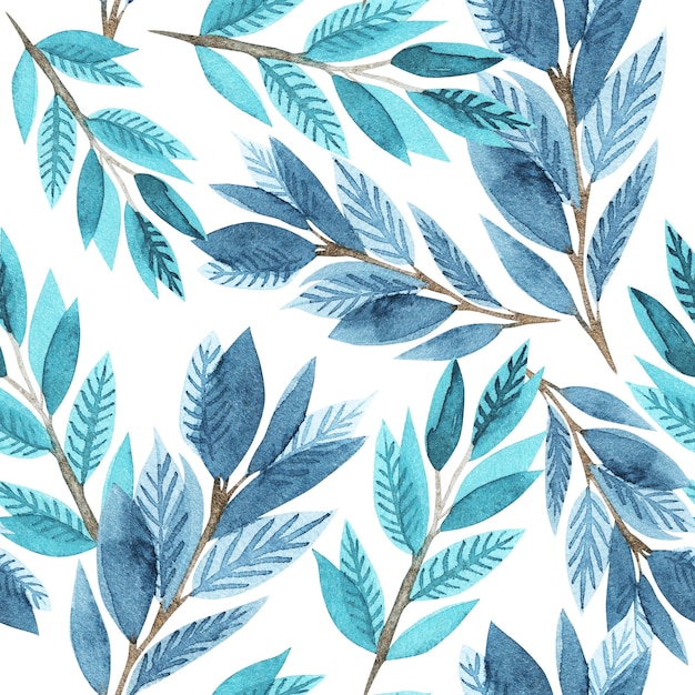 Padrão de folhas de aquarela sem costura verde azul turquesa Textura botânica abstrata de inverno