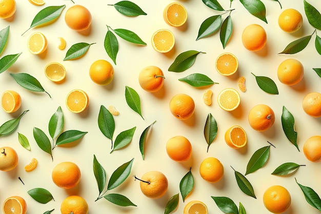 Padrão de frutas de verão com laranjas e folhas verdes em fundo amarelo