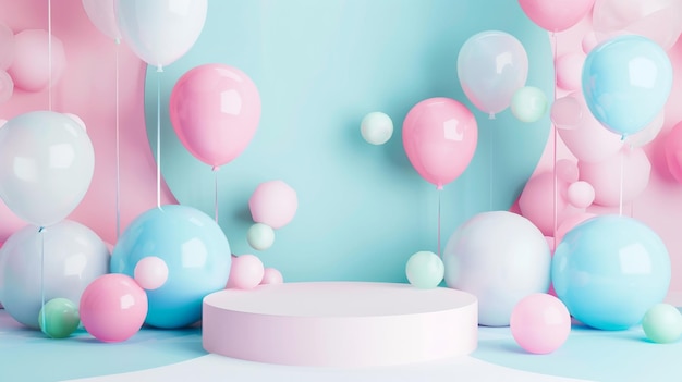 Padrão de fundo decorativo e padrão de fundo abstrato para um palco de pódio de produto minimalista com balões de cores pastel multicolor renderização de ilustração 3D