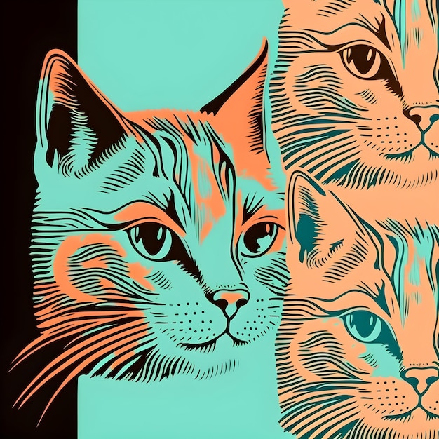 Padrão de gato vintage desenhado ilustração cores pastel