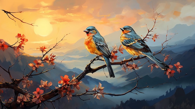 padrão de gradiente 2 pequenos pássaros pintassilgos americanos empoleirados em um galho de árvore ponto de luz noturna bir