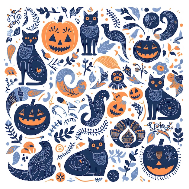 Padrão de Halloween Gatos de abóbora bordados em fundo branco