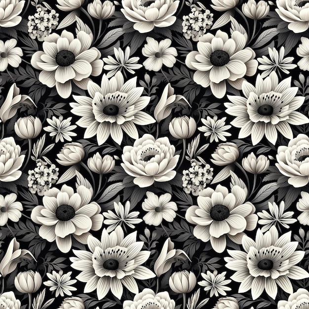 Padrão de impressão floral preto e branco