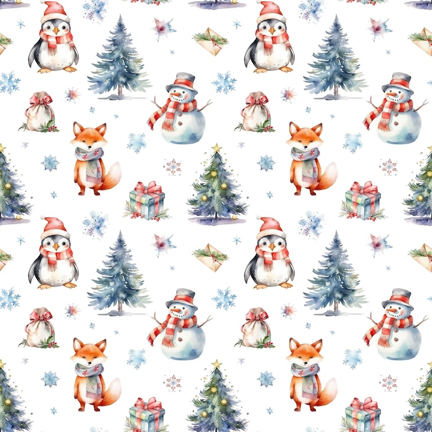 Padrão de Natal em aquarela com árvores de Natal de pinguim de raposa de boneco de neve e caixas de presente isoladas em branco Pode ser usado para embrulhar cartões de papel de parede têxtil de papel Generative ai