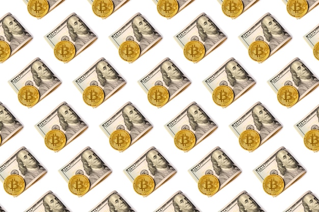 Padrão de notas de papel de dólar com moeda bitcoin Método digital moderno de pagamento