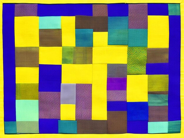 padrão de patchwork quadrado amarelo roxo azul e verde musgo costurado com fio de costura marrom pa