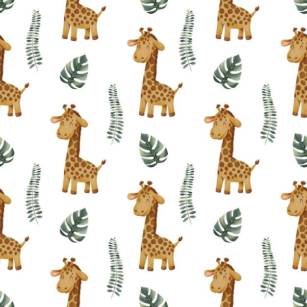 Padrão de safári sem costura com girafa em fundo branco Padrão aquarelado para impressão em papel de embrulho, tecido, cartões postais, roupas, fundo bonito para bebês