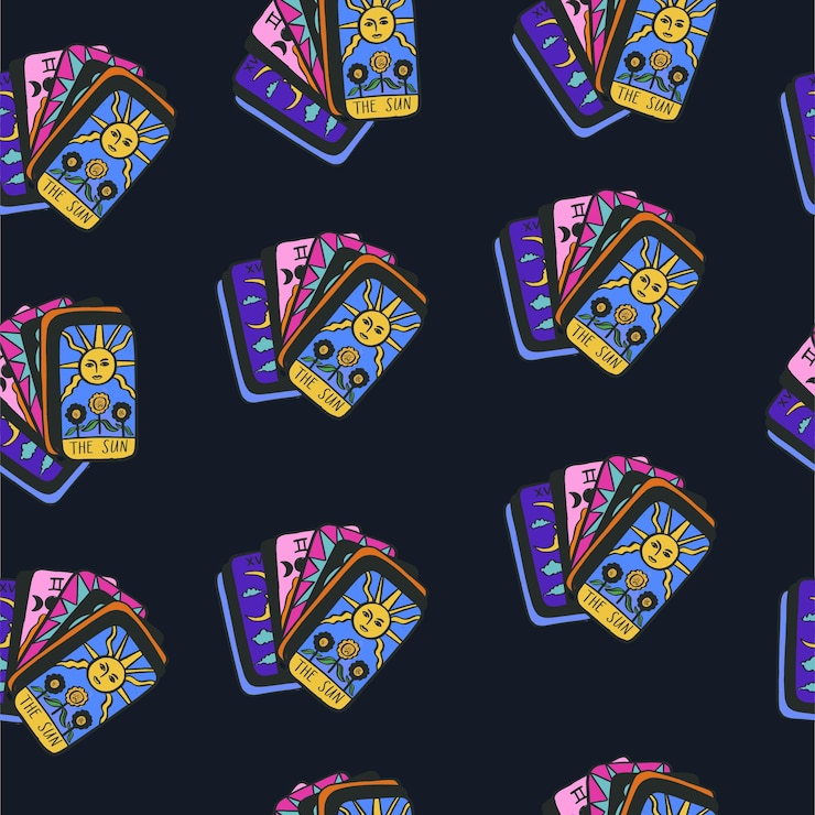 Foto padrão de tarot de bruxaria sem costura colorido com atributos místicos textura interminável com cartas de tarot