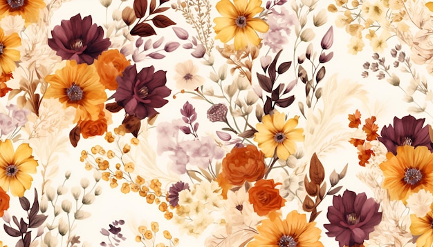 Padrão de textura floral em pano aquarela sem costura Buquê de flores abstrato fundo têxtil para tecido design de impressão digital Papel de parede elegante Capa de embrulho Pintados à mão flores silvestres variadas