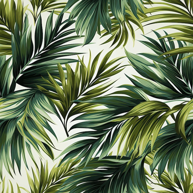 Padrão de textura tropical sem costura com folhas de palmeira verdes em um ornamento havaiano de fundo branco para têxteis e tecidos