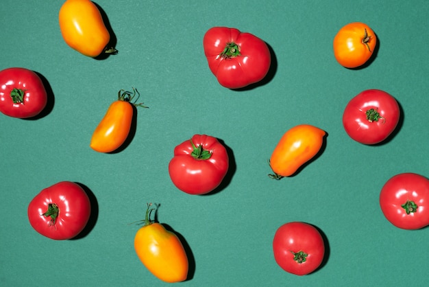 Padrão de tomate amarelo e vermelho sobre fundo verde