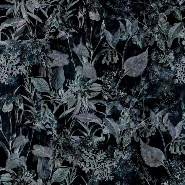Padrão decorativo sem costura botânica escura repetindo fundo impressão de papel de parede em azulejo