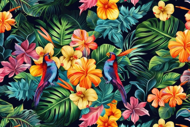 Padrão exótico tropical com animais e flores de cores brilhantes e vegetação exuberante ai generativo