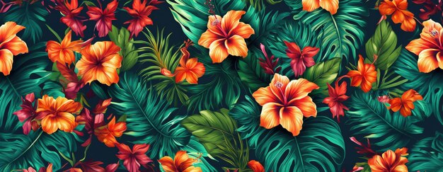 Padrão exótico tropical com animais e flores de cores brilhantes e vegetação exuberante ai generativo