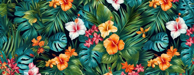 Padrão exótico tropical com animais e flores de cores brilhantes e vegetação exuberante ai generativo