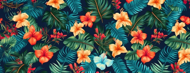 Foto padrão exótico tropical com animais e flores de cores brilhantes e vegetação exuberante ai generativo