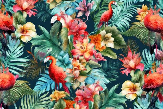 Padrão exótico tropical com animais e flores de cores brilhantes e vegetação exuberante ai generativo