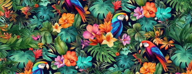 Padrão exótico tropical com animais e flores de cores brilhantes e vegetação exuberante ai generativo