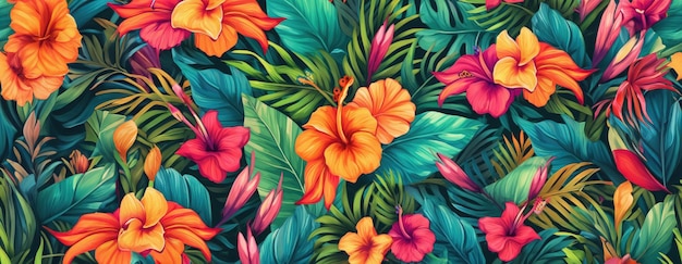 Foto padrão exótico tropical com animais e flores de cores brilhantes e vegetação exuberante ai generativo