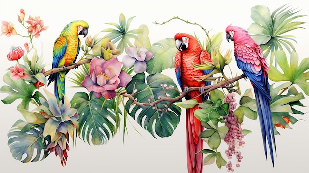 Padrão exótico tropical com papagaios e flores coloridas com fundo branco isolado