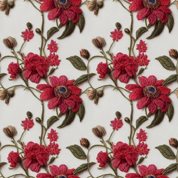 Padrão floral bordado sem costura Flores bordadas estilo vintage repetindo pano de fundo de tecido
