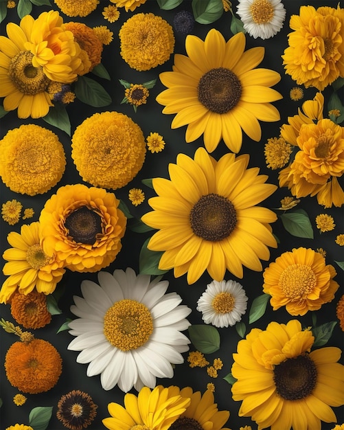 padrão floral com diferentes tipos de flores em um fundo de folha