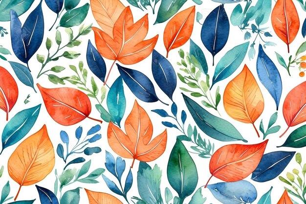 Padrão floral de aquarela sem costura com fundo de folhas em cores azul laranja e verde