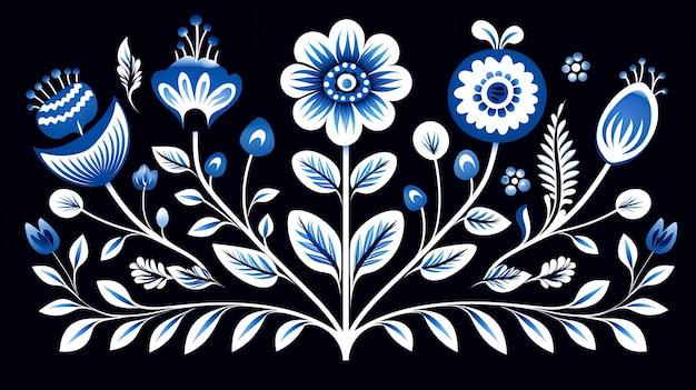 Padrão floral de arte folclórica escandinava com motivos tradicionais em azul e branco