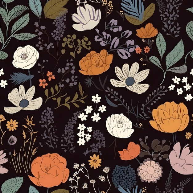 Padrão floral de primavera sem costura Sontemporary Ilustração desenhada à mão Flores em fundo preto Papel de parede decorativo têxtil Design escandinavo Generative Ai