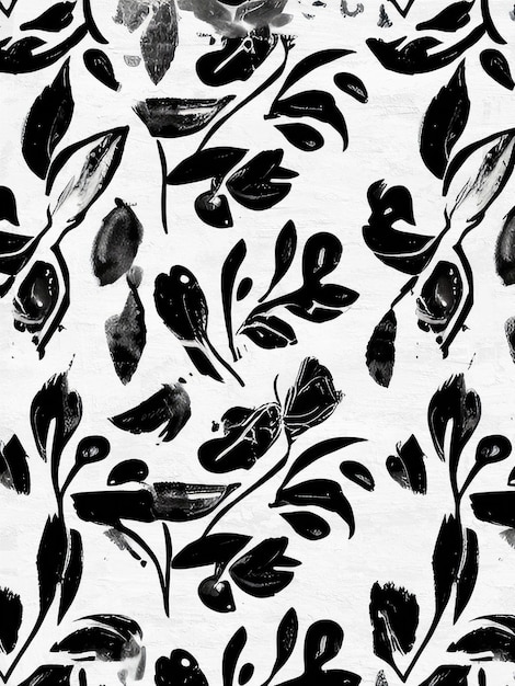 Padrão floral de tinta preto e branco