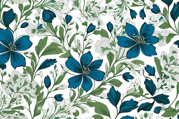 Padrão floral elegante sem costura Flores azuis e verdes em fundo branco Ilustração vetorial Pode ser usada como desenho de tecido papel de embrulho fundo da web