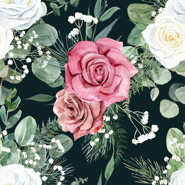 Padrão floral em aquarela sem costura Rosas brancas empoeiradas, peônias, vegetação, eucalipto