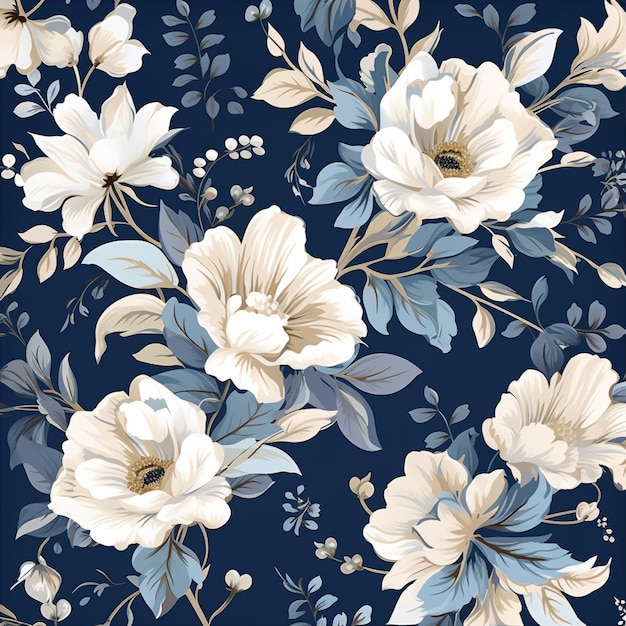 padrão floral em azul e bege no estilo de cor realista