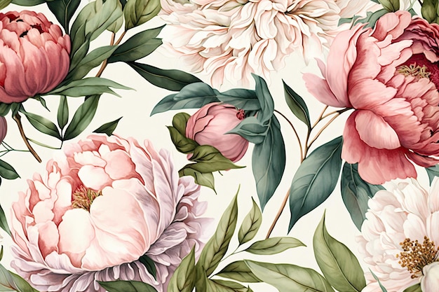 Padrão floral perfeito com aquarela pastel de peônias ilustração Generative AI