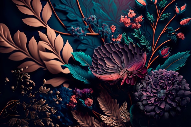 Foto padrão floral perfeito com flores no escuro generative ai