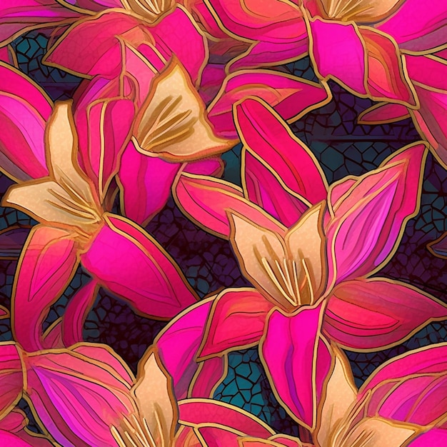 Padrão floral perfeito com flores rosa e douradas em um fundo azul generativo ai