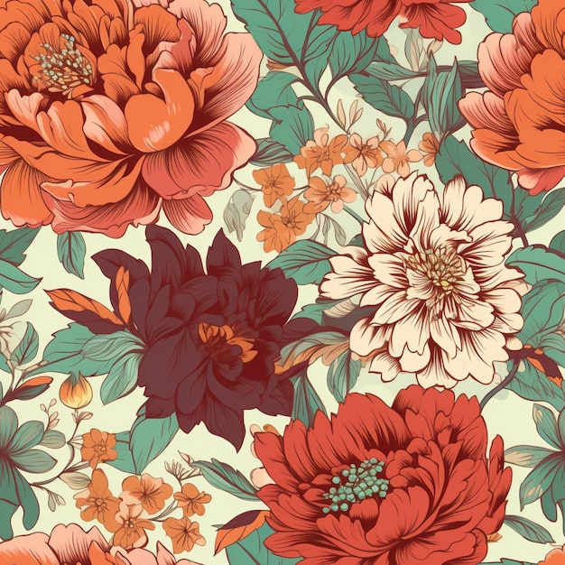 padrão floral perfeito com flores vermelhas e laranja em um fundo verde generativo ai