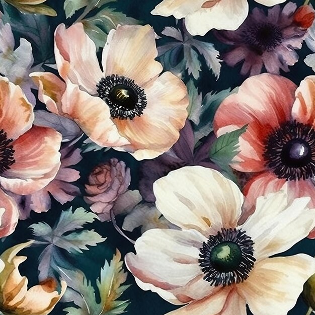 Padrão floral perfeito de anêmonas Flores elegantes em aquarela abstraem fundo Generative AI