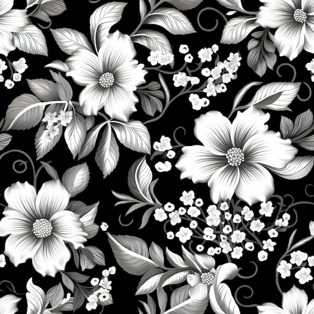 Padrão floral preto e branco com flores em um fundo preto.