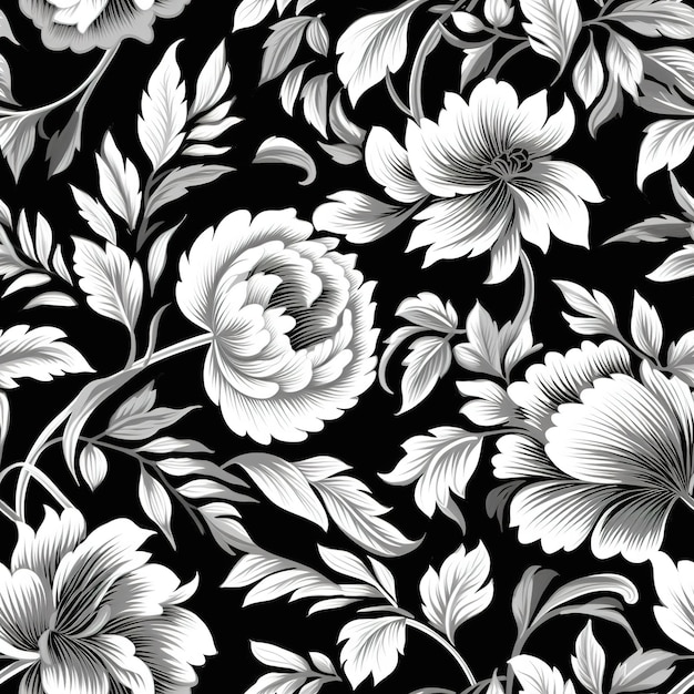 Padrão floral preto e branco com uma flor.