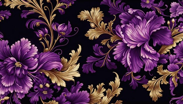 Foto padrão floral roxo e dourado contra fundo preto