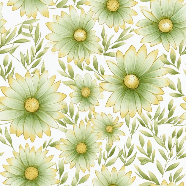 Foto padrão floral sem costura com flores e folhas verdes em fundo branco