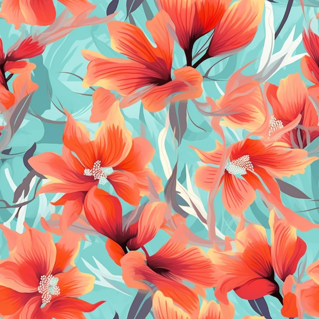padrão floral sem costura com flores laranjas em um fundo azul generativo ai