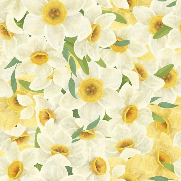 Padrão floral sem costura feito de um buquê de folhas de narcisos brancos composição ilustração digital