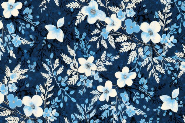 Padrão floral sem costuras com flores e folhas sobre um fundo azul escuro